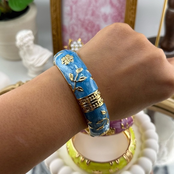 Floral Hand Painted Enamel Bangle - Blue - Picture 5 of 7